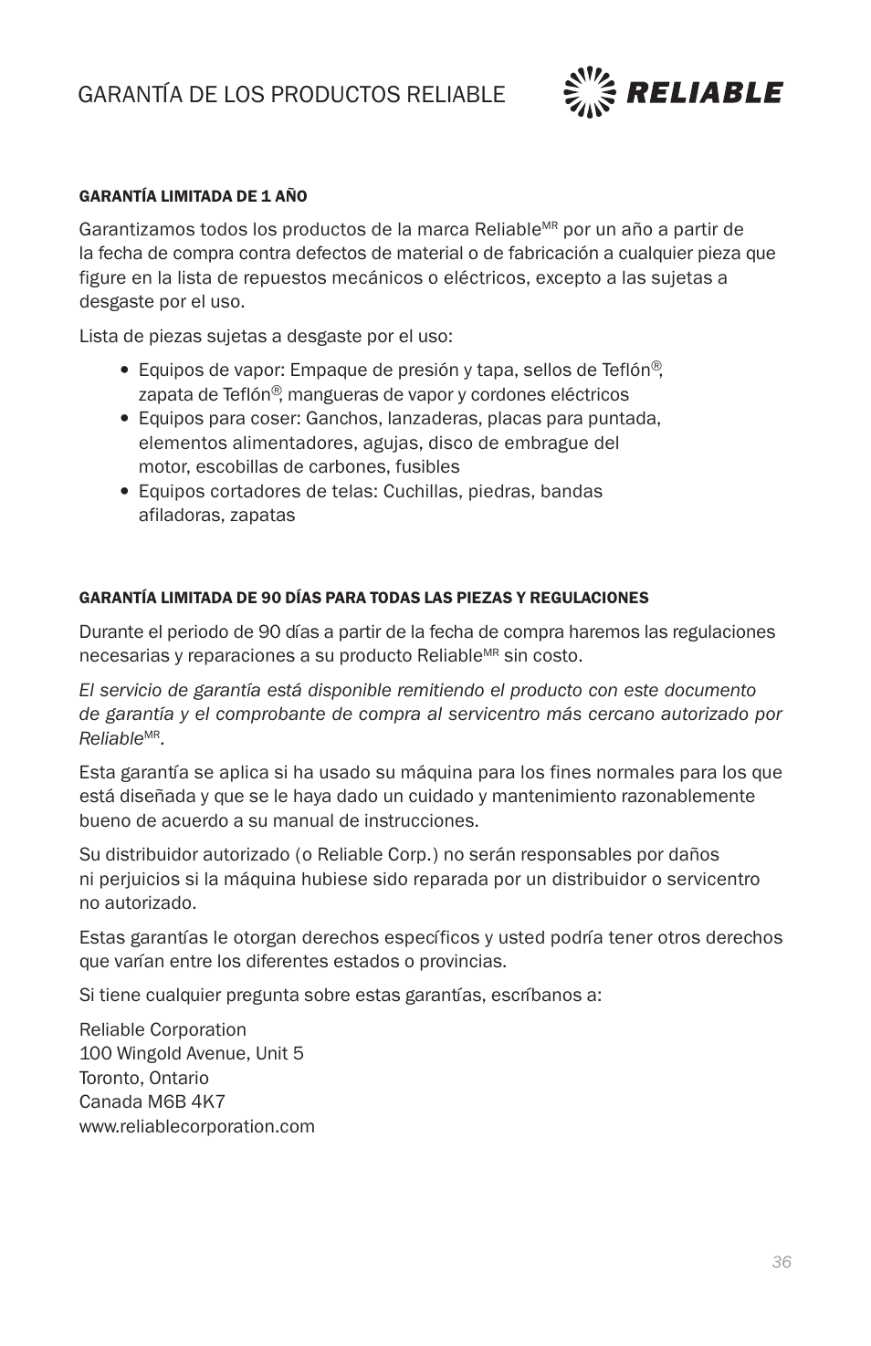 Garantía de los productos reliable, Reliable products warranty | Reliable E5 User Manual | Page 38 / 39