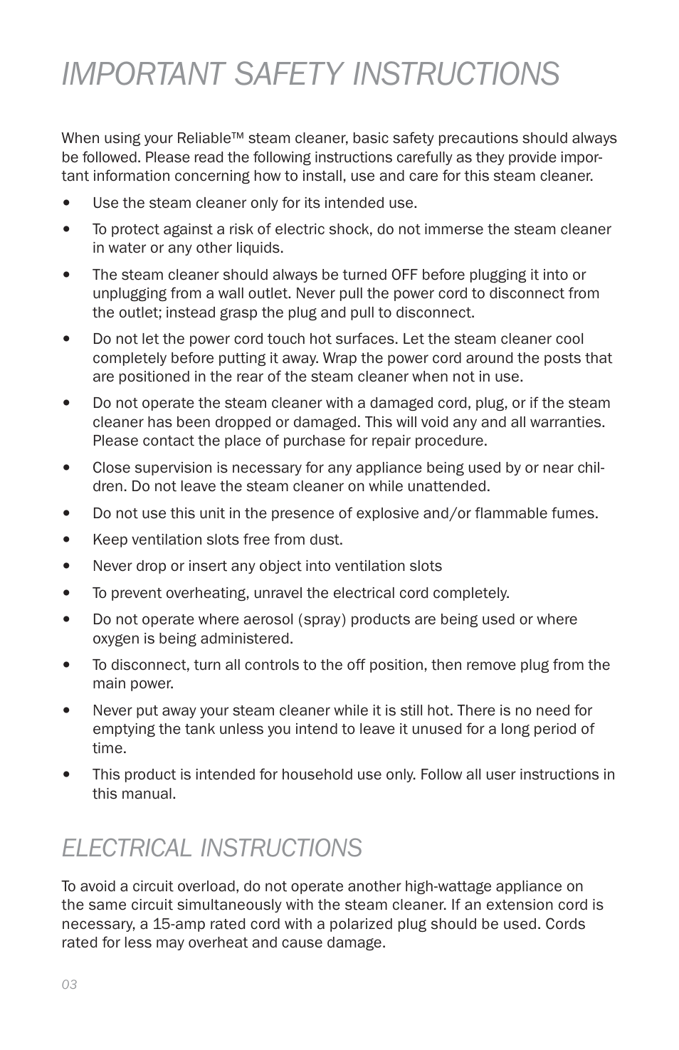 Important safety instructions, Electrical instructions | Reliable E5 User Manual | Page 5 / 39