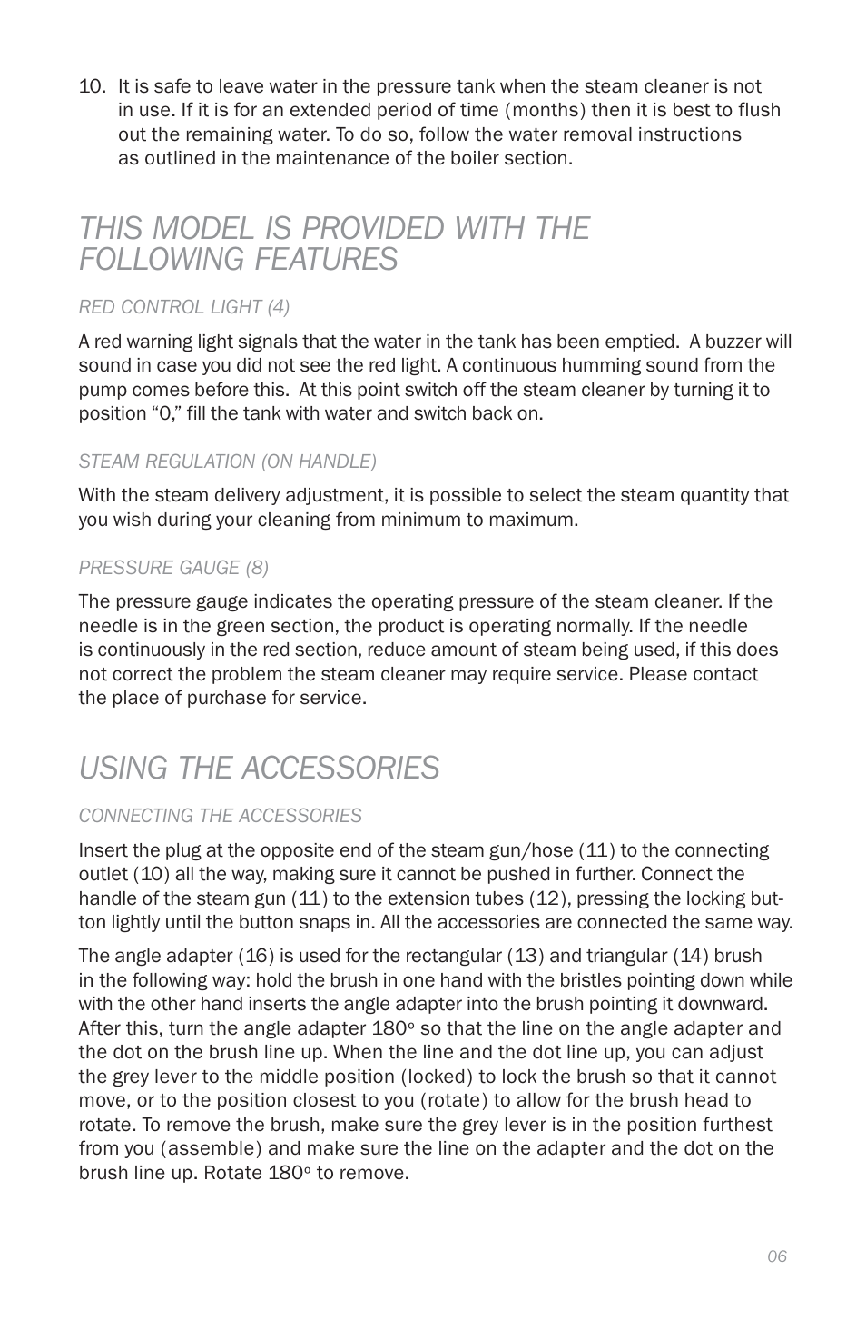 This model is provided with the following features, Using the accessories | Reliable E5 User Manual | Page 8 / 39