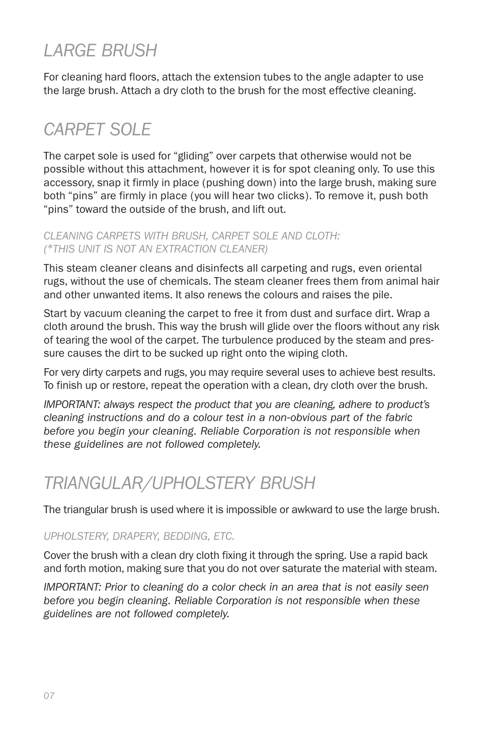 Large brush, Carpet sole, Triangular/upholstery brush | Reliable E5 User Manual | Page 9 / 39