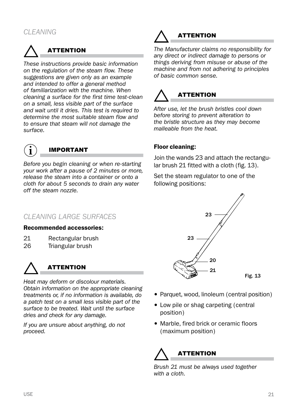 Cleaning, Cleaning large surfaces | Reliable E40 User Manual | Page 23 / 34
