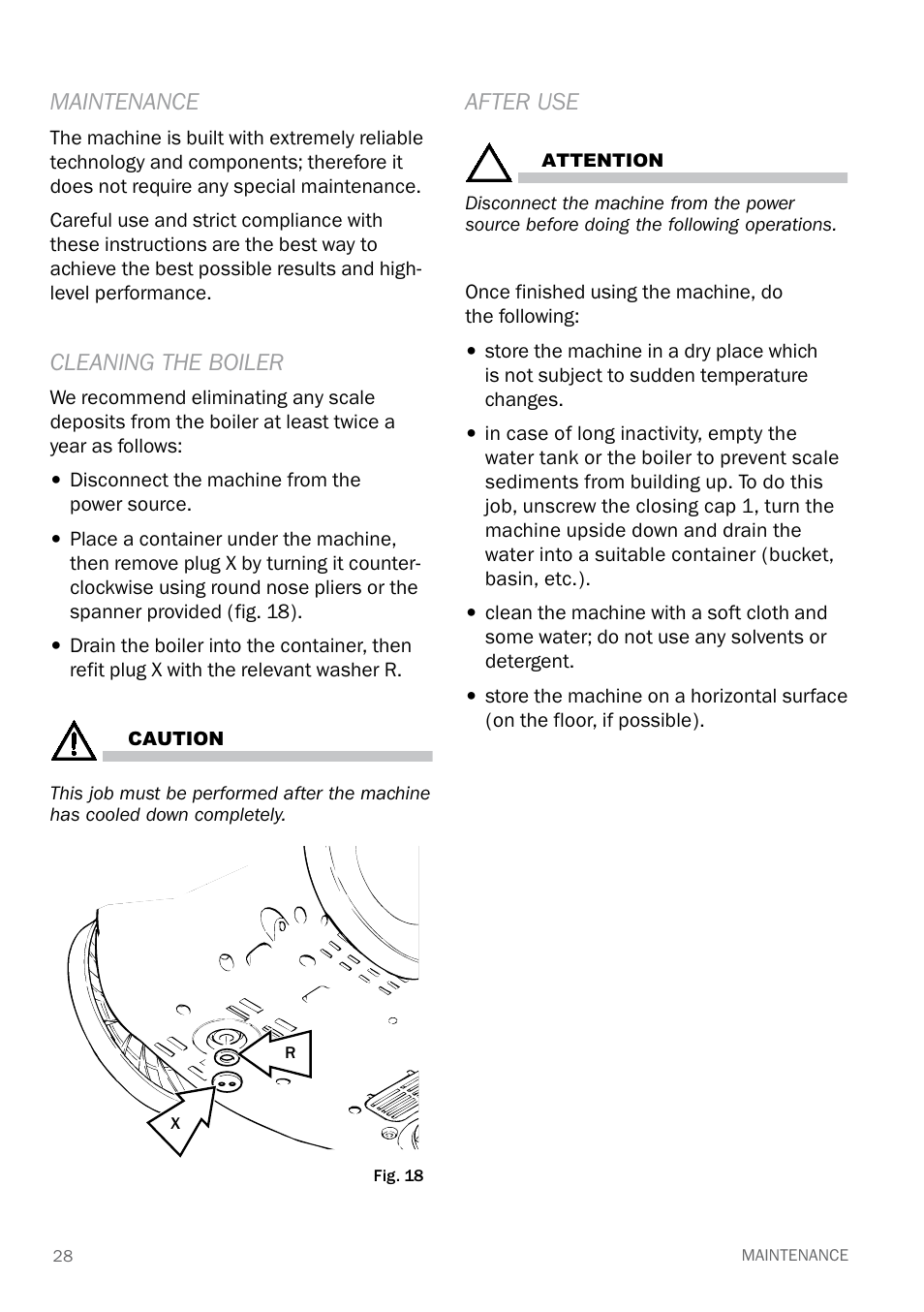 Maintenance, Cleaning the boiler, After use | Reliable E40 User Manual | Page 30 / 34