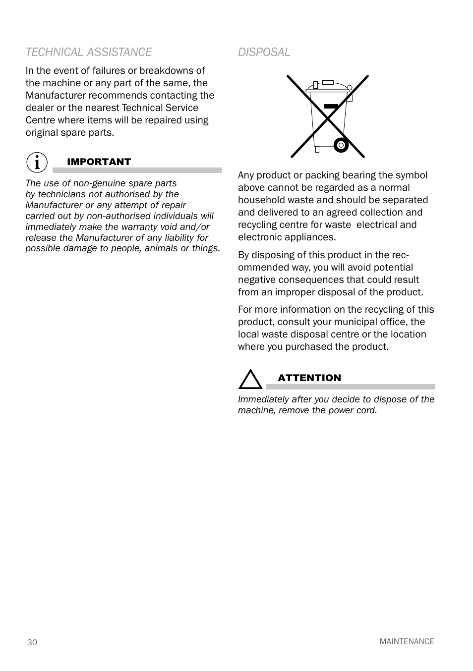 Disposal, Technical assistance | Reliable E40 User Manual | Page 32 / 34