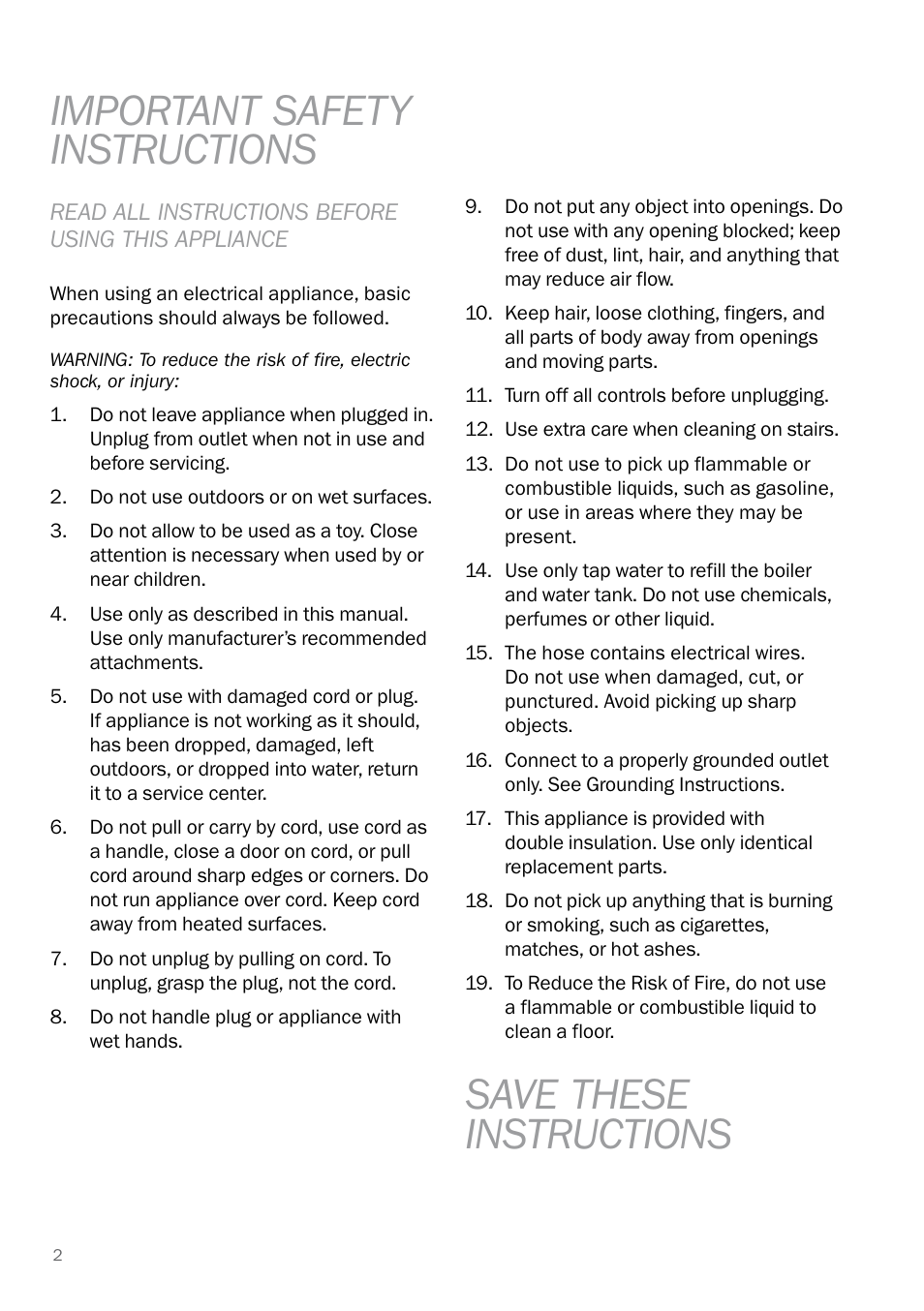 Important safety instructions, Save these instructions | Reliable E40 User Manual | Page 4 / 34