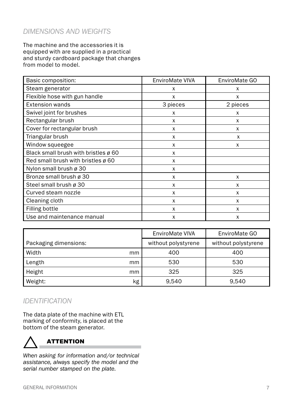 Dimensions and weights, Identification | Reliable E40 User Manual | Page 9 / 34