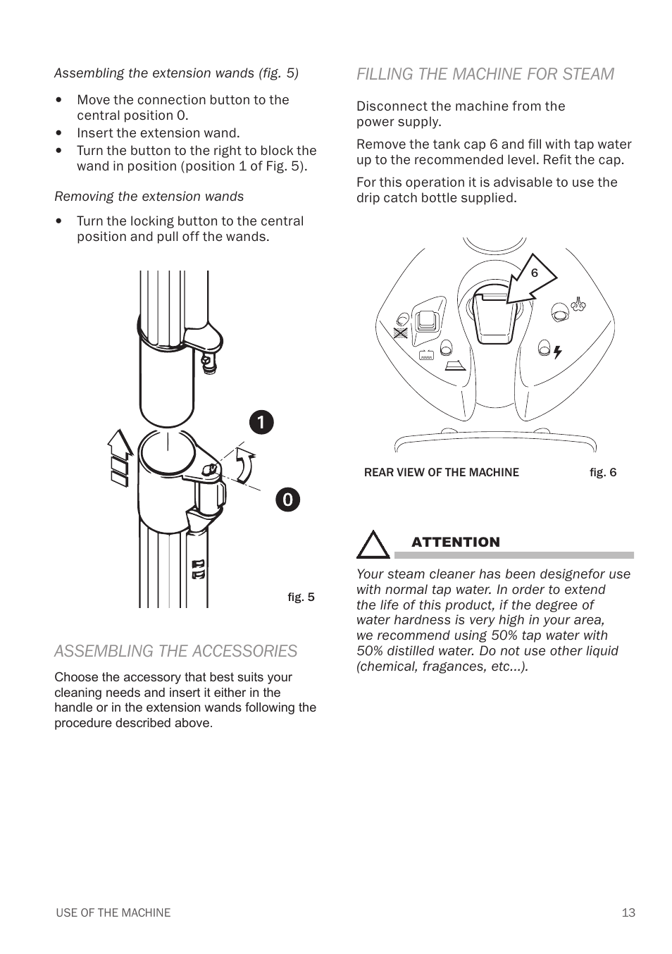 Filling the machine for steam, Assembling the accessories | Reliable EV1 User Manual | Page 15 / 30