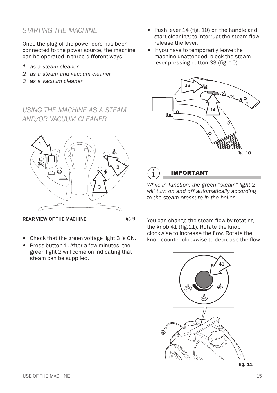 Starting the machine, Using the machine as a steam and/or vacuum cleaner | Reliable EV1 User Manual | Page 17 / 30