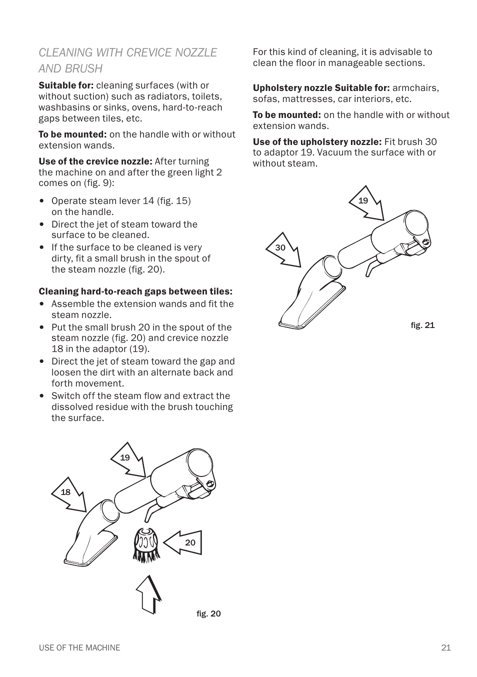 Cleaning with crevice nozzle and brush | Reliable EV1 User Manual | Page 23 / 30