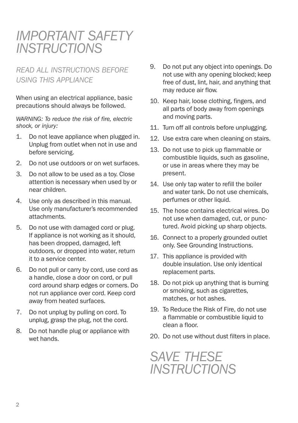 Important safety instructions, Save these instructions | Reliable EV1 User Manual | Page 4 / 30