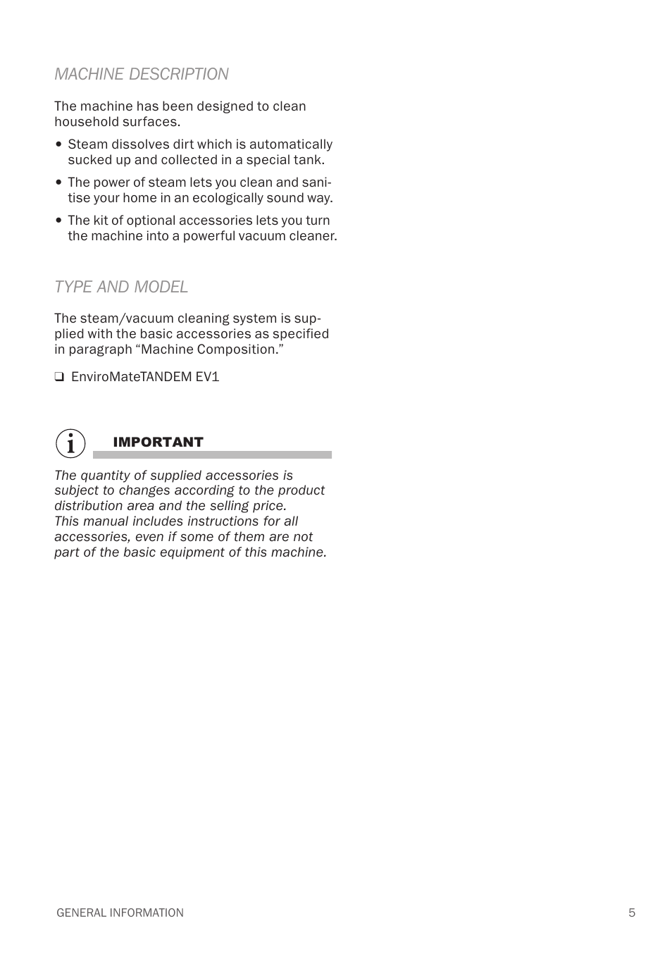 Machine description, Type and model | Reliable EV1 User Manual | Page 7 / 30