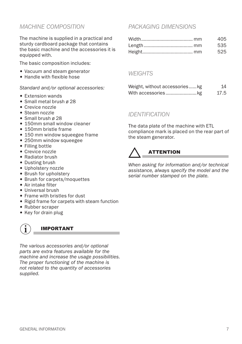 Machine composition, Packaging dimensions, Weights | Identification | Reliable EV1 User Manual | Page 9 / 30