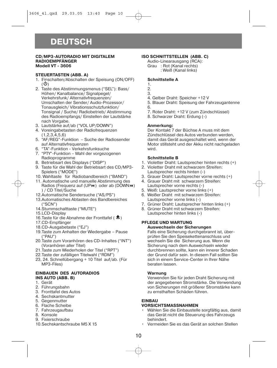 Deutsch | Vitek VT-3606 User Manual | Page 10 / 28