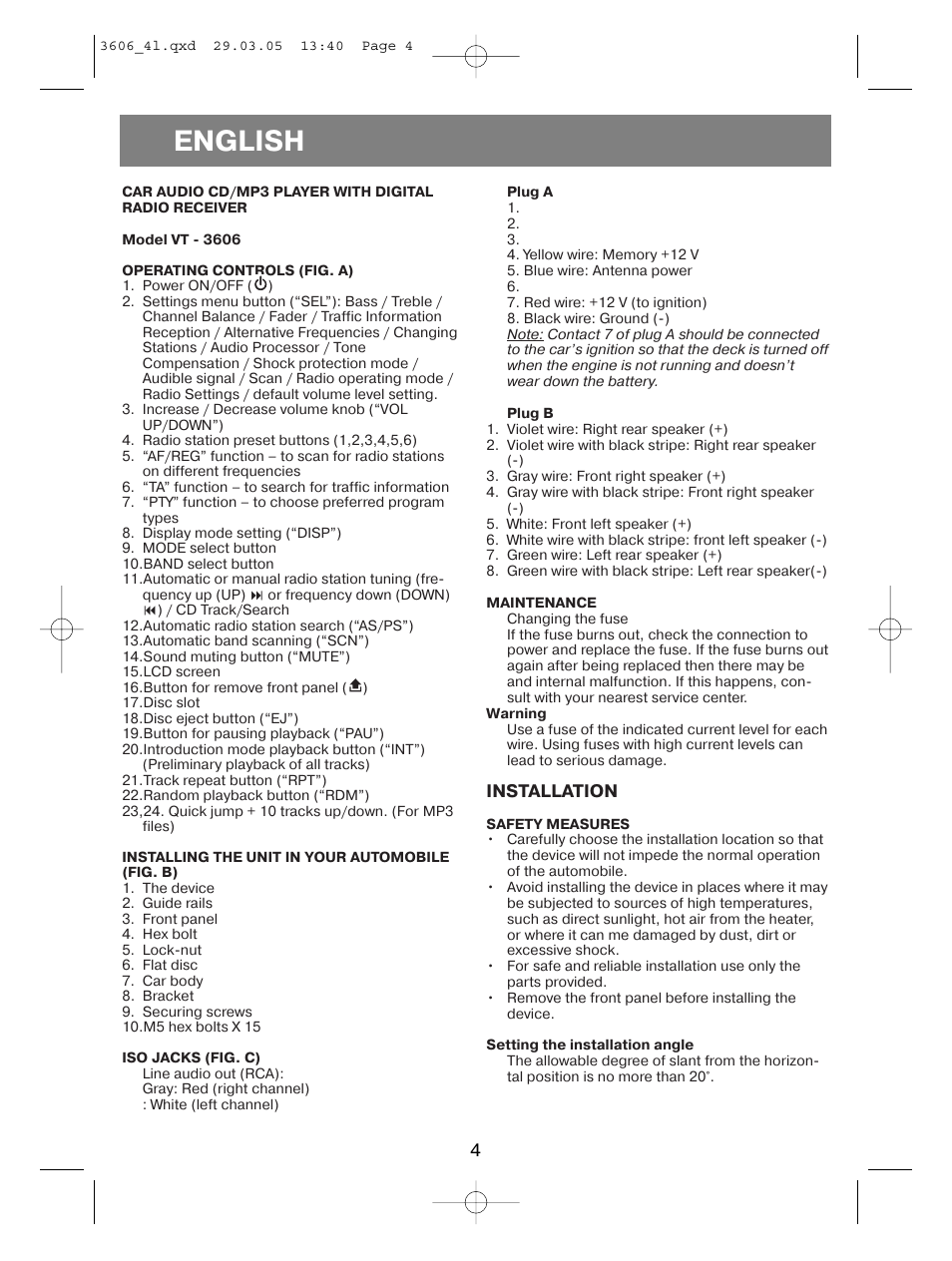 English, Installation | Vitek VT-3606 User Manual | Page 4 / 28
