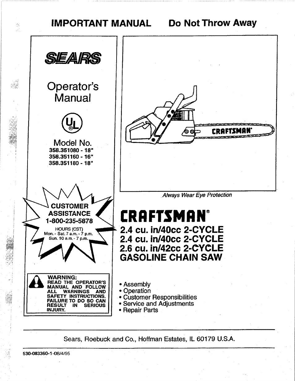 Craftsman 358.351080 User Manual | 32 pages