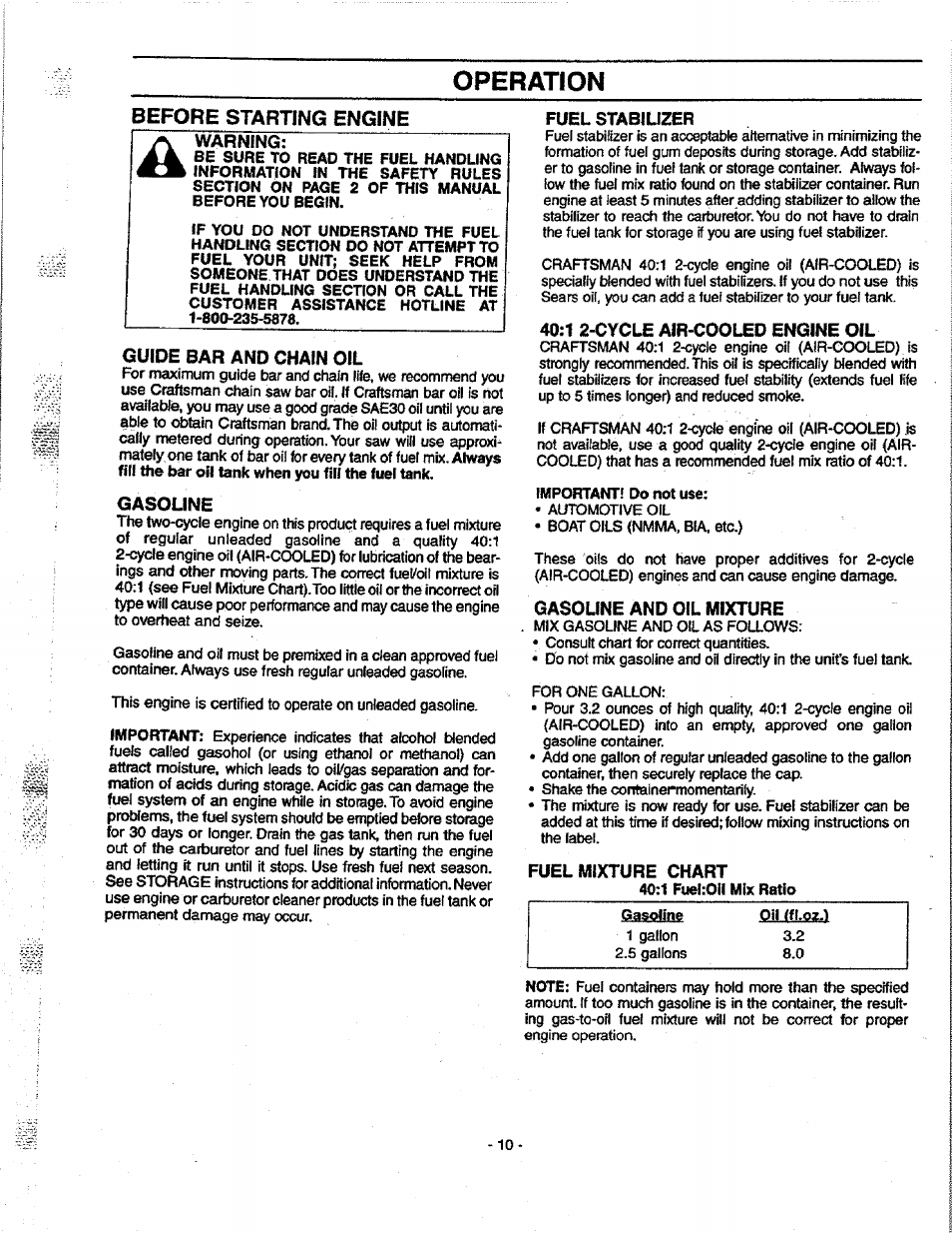 Before starting engine, Fuel stabiuzer, Guide bar and chain oil | Gasoline, 1 2-cycle air-cooled engine oil, Gasoline and oil mixture, Fuel mixture chart, Bar and chain oil, Operation | Craftsman 358.351080 User Manual | Page 10 / 32