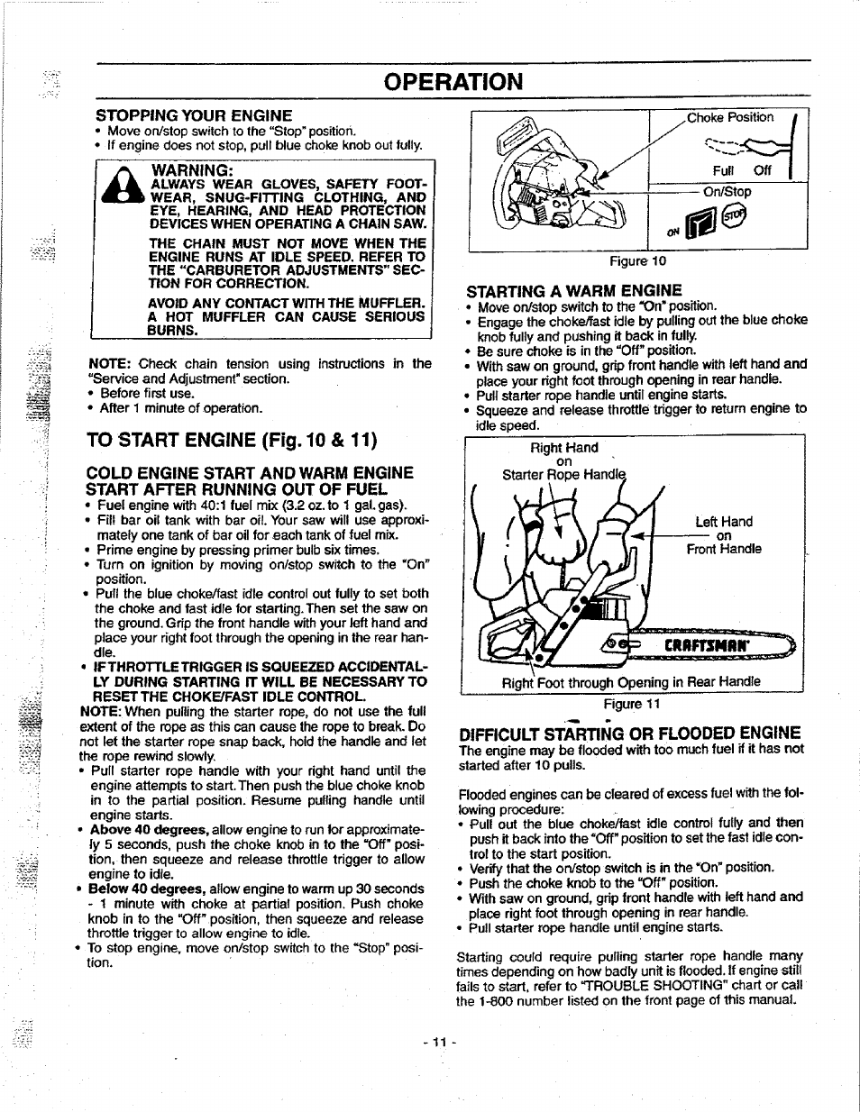 Operatíon, Stopping your engine, Starting a warm engine | Difficult starting or flooded engine | Craftsman 358.351080 User Manual | Page 11 / 32