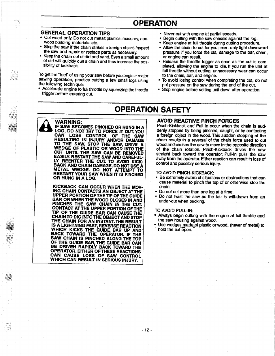 Operation, General operation tips, Operation safety | Warning, Avoid reactive pinch forces | Craftsman 358.351080 User Manual | Page 12 / 32