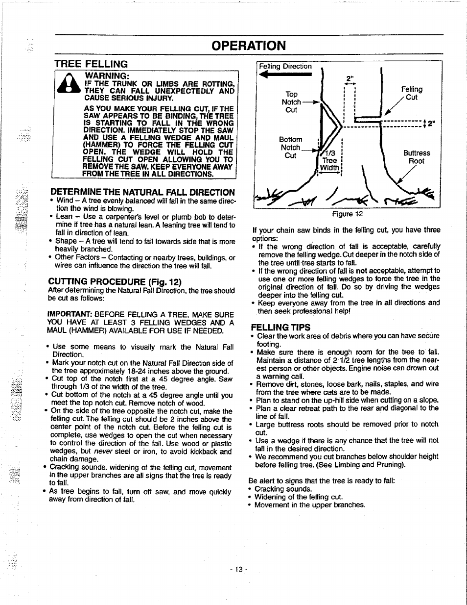 Determine the natural fall direction, Cutting procedure (fig. 12), Felling tips | Operation | Craftsman 358.351080 User Manual | Page 13 / 32