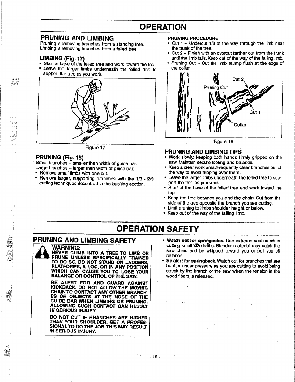 Pruning and umbing, Umbing (fig. 17), Pruning {fig. 18) | Pruning and limbing tips, Operation safety, Pruning and umbing safety, Operatfon, Operation safety pruning and umbing safety | Craftsman 358.351080 User Manual | Page 16 / 32