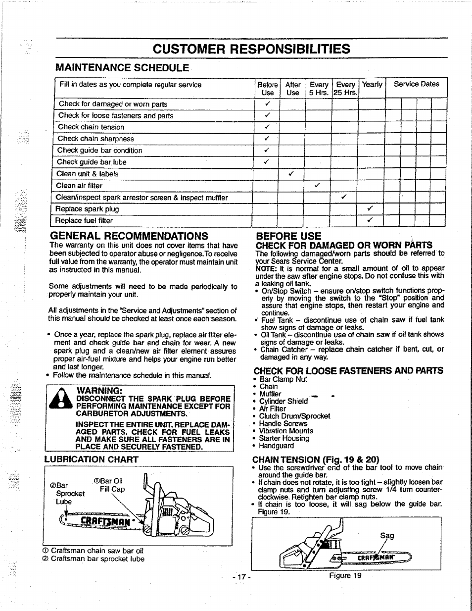 Maintenance schedule, Lubrication chart, Before use | Check for damaged or worn parts, Check for loose fasteners and parts, Chain tension (fig. 19 & 20, Customer responsibilities, General recommendations | Craftsman 358.351080 User Manual | Page 17 / 32