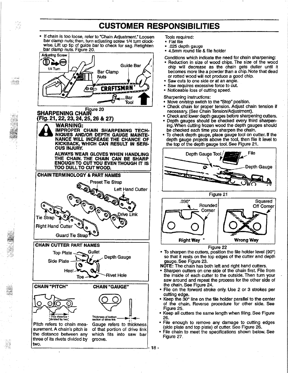 Sharpening chain (fig. 21,22,23,24,25,26 & 27), Warning, Customer responsibilities | Craftsman 358.351080 User Manual | Page 18 / 32