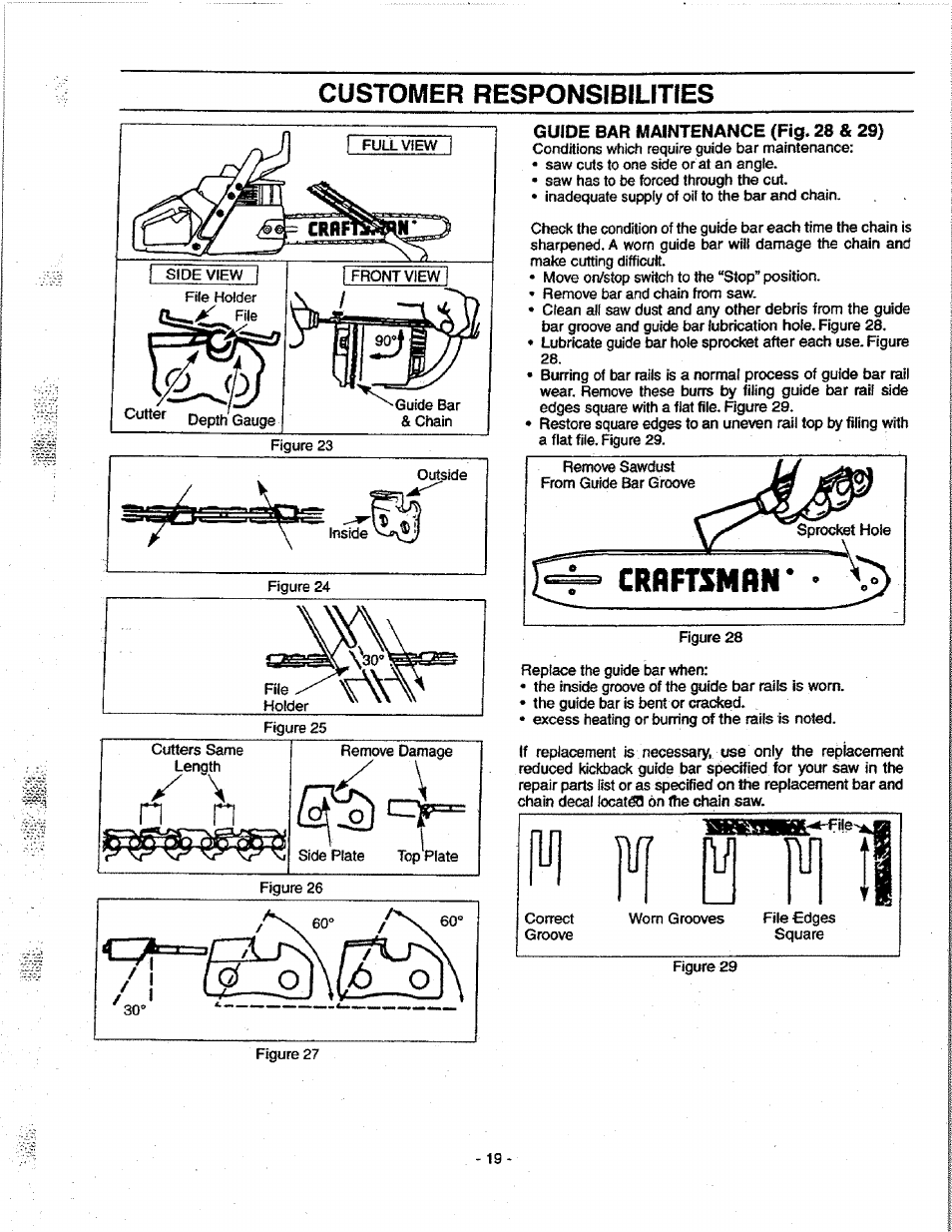 Guide bar maintenance (fig. 28 & 29), Ui m lui nil, X" \ n n | Customer responsibilities, Crbftsmhw | Craftsman 358.351080 User Manual | Page 19 / 32