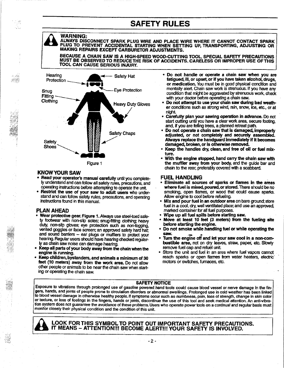 Safety rules, Warning, Knowyour saw | Plan ahead, Fuel handung | Craftsman 358.351080 User Manual | Page 2 / 32