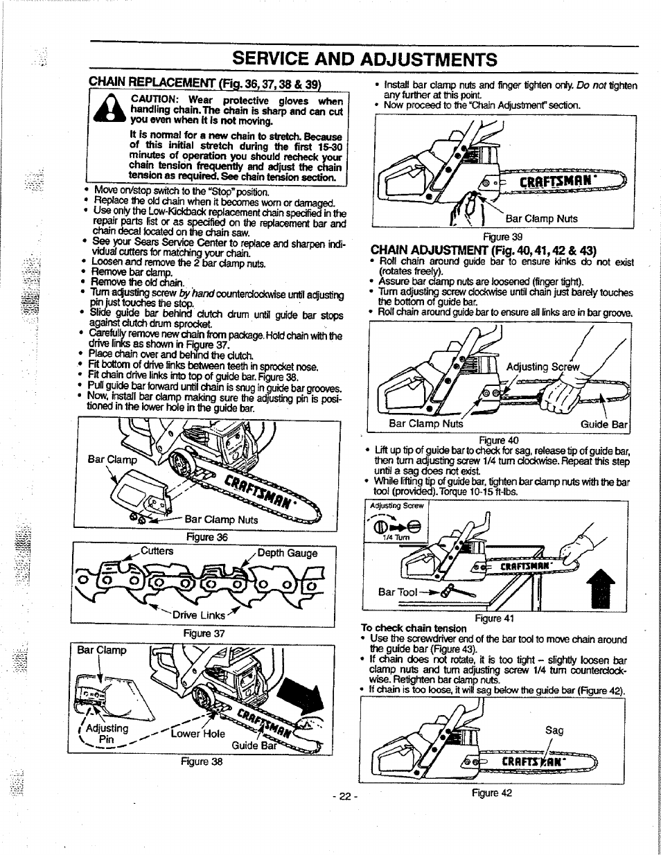 Service and adjustments, Chain replacement (rg, 36,37,38 & 39) | Craftsman 358.351080 User Manual | Page 22 / 32