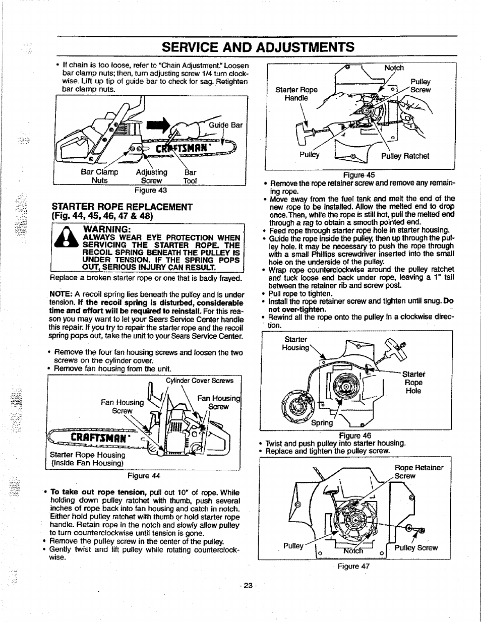 Starter rope replacement (fig. 44,45,46,47 & 48), Service and adjustments | Craftsman 358.351080 User Manual | Page 23 / 32