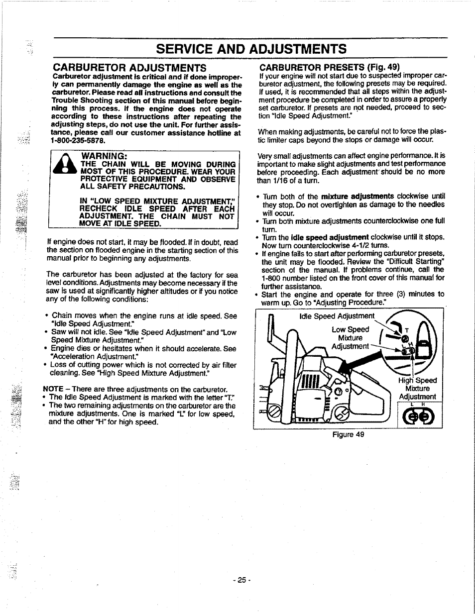 Carburetor adjustments, Warning, Carburetor presets (fig, 49) | Service and adjustments | Craftsman 358.351080 User Manual | Page 25 / 32