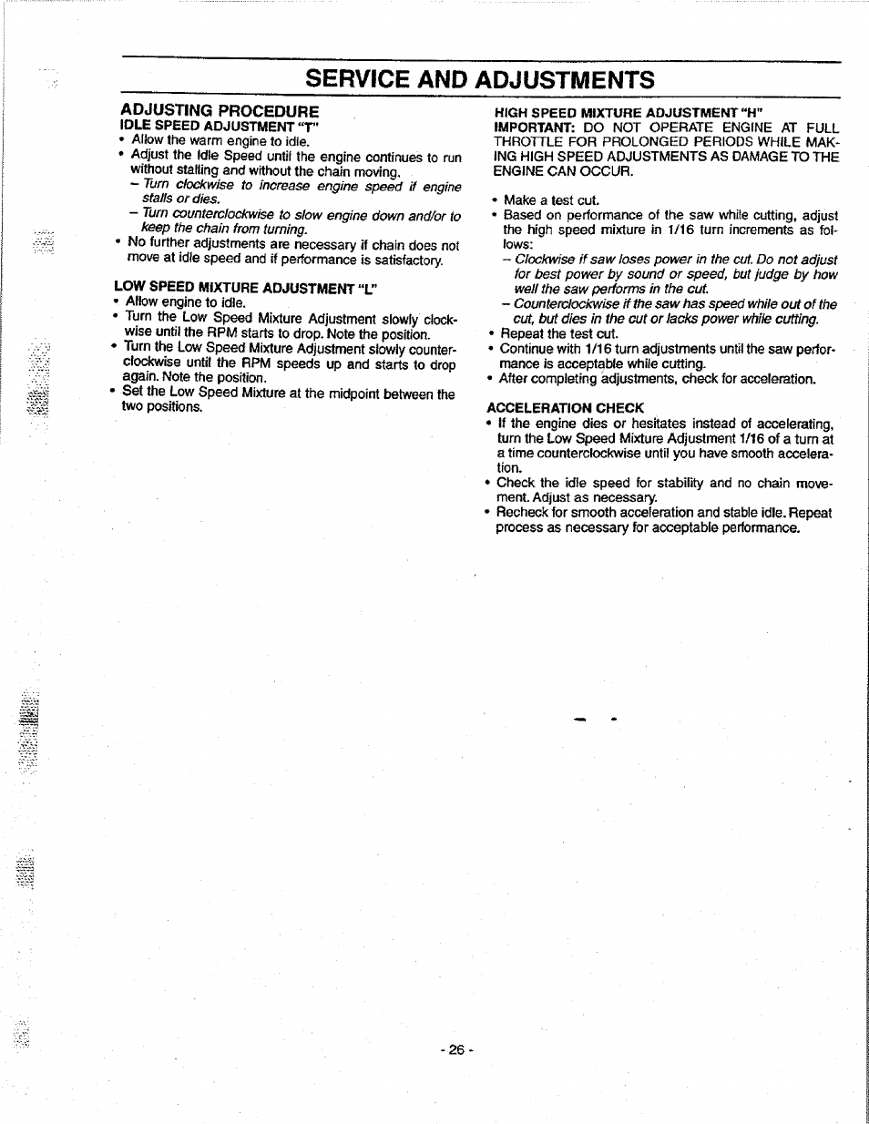 Service and adjustments | Craftsman 358.351080 User Manual | Page 26 / 32