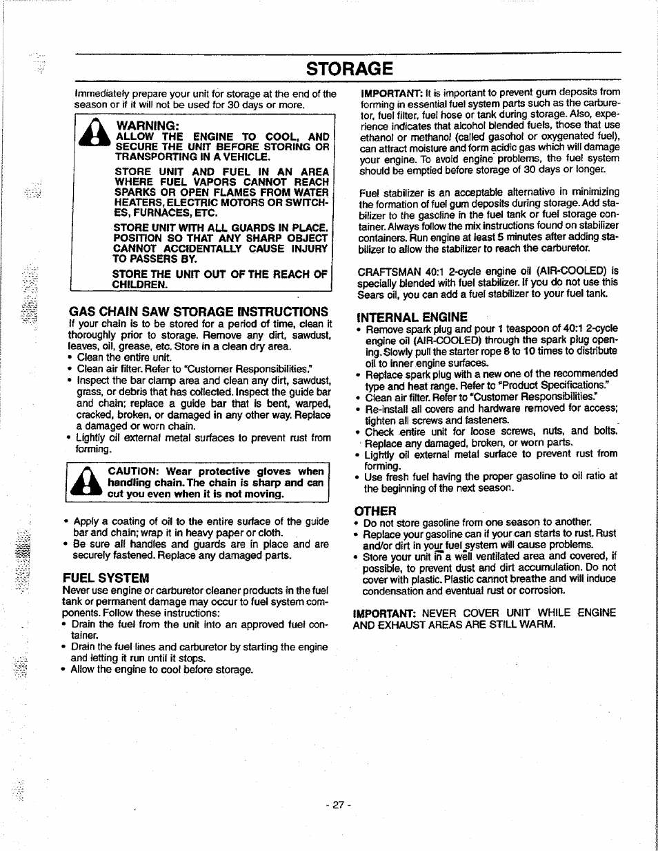 Storage, Gas chain saw storage instructions, Fuel system | Internal engine, Other | Craftsman 358.351080 User Manual | Page 27 / 32