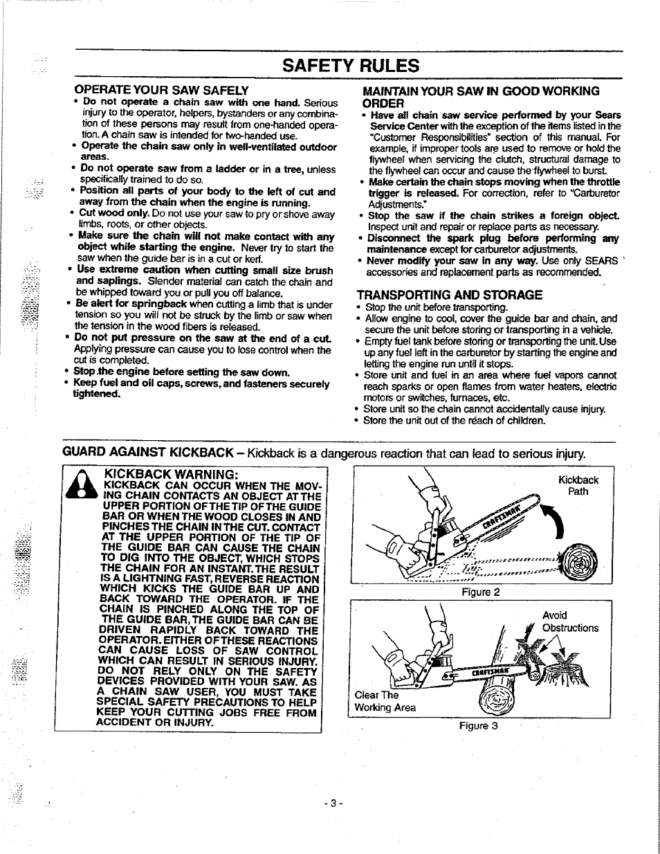 Safety rules, Operate your saw safely, Maintain your saw in good working order | Transporting and storage, Kickback warning | Craftsman 358.351080 User Manual | Page 3 / 32