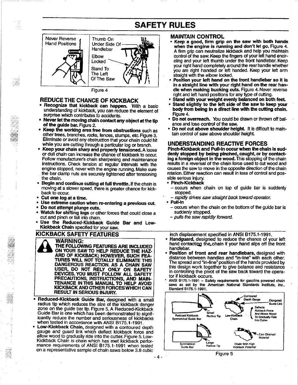 Reduce the chance of kickback, Maintain control, Warning | Safety rules | Craftsman 358.351080 User Manual | Page 4 / 32