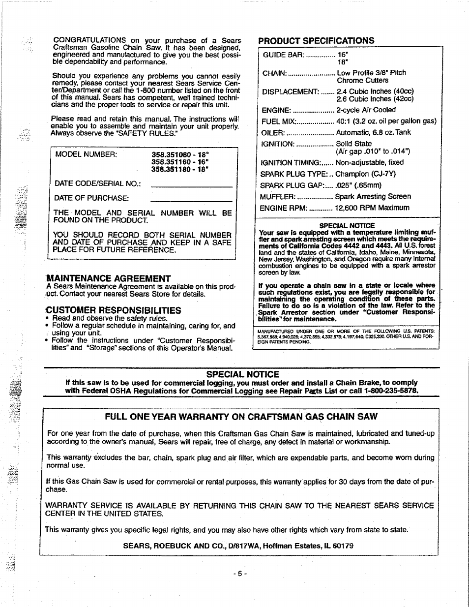 Product specrficatlons, Maintenance agreement, Customer responsibilities | Special notice, Full one year warranty on craftsman gas chain saw | Craftsman 358.351080 User Manual | Page 5 / 32