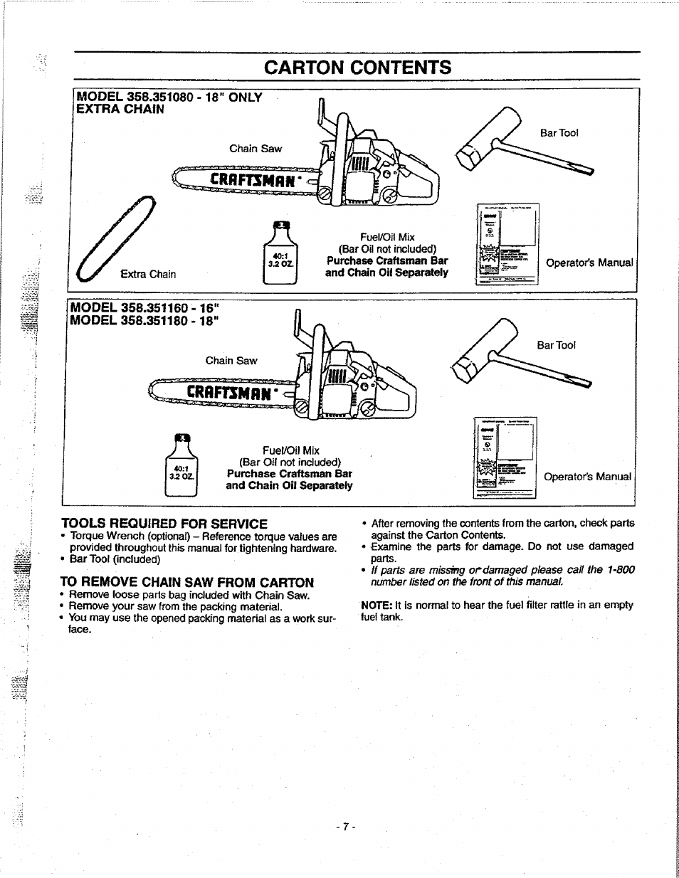 Carton contents, Model 358.351160 -16" model 358.351180 -18, Tools required for service | To remove chain saw from carton | Craftsman 358.351080 User Manual | Page 7 / 32