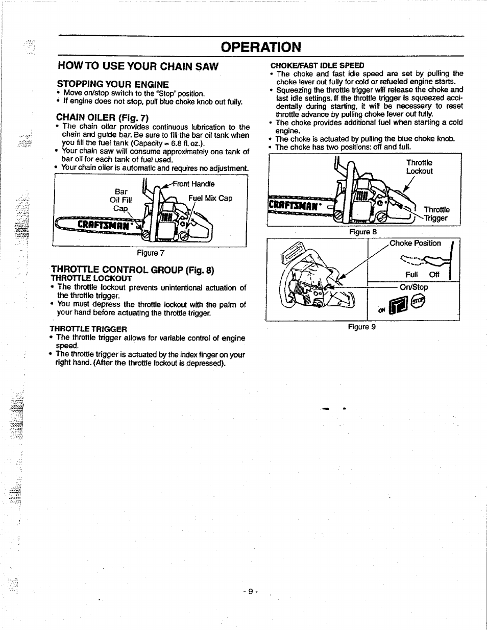 Stopping your engine, Chain oiler {fig. 7), Throttle control group (fig. 8) | Throttie control group, Operation | Craftsman 358.351080 User Manual | Page 9 / 32