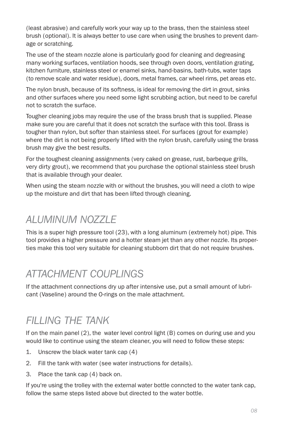 Aluminum nozzle, Attachment couplings, Filling the tank | Reliable EP1000 User Manual | Page 10 / 45