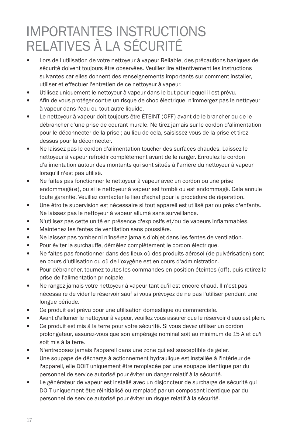 Importantes instructions relatives à la sécurité | Reliable EP1000 User Manual | Page 19 / 45