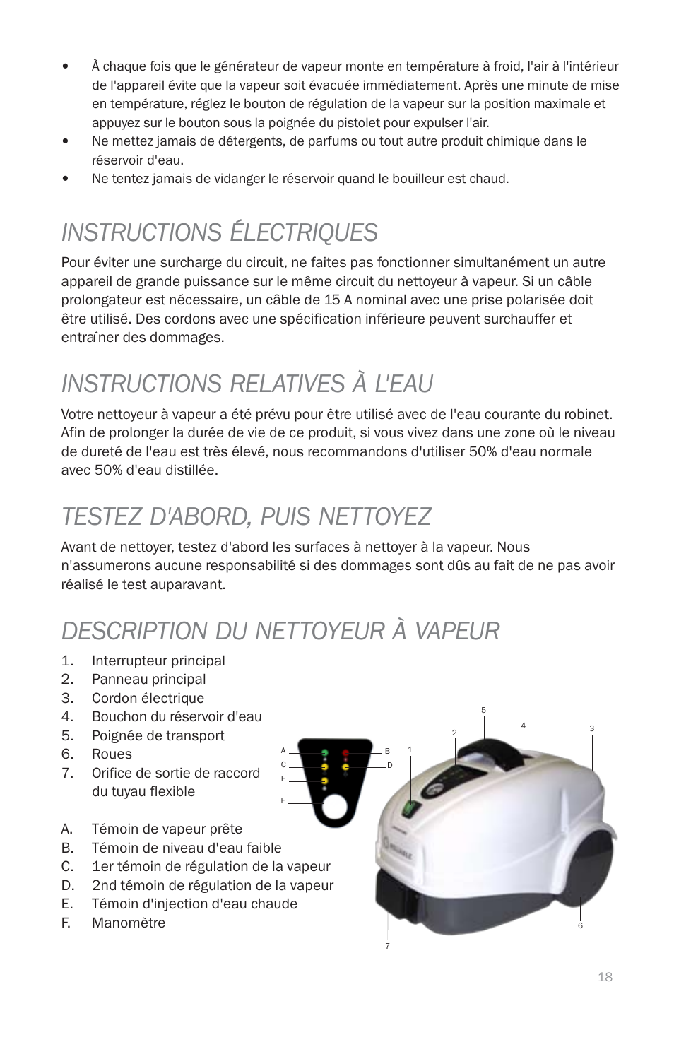 Instructions électriques, Instructions relatives à l'eau, Testez d'abord, puis nettoyez | Description du nettoyeur à vapeur | Reliable EP1000 User Manual | Page 20 / 45