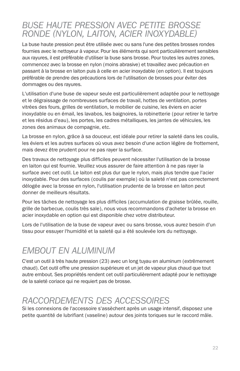 Embout en aluminum, Raccordements des accessoires | Reliable EP1000 User Manual | Page 24 / 45