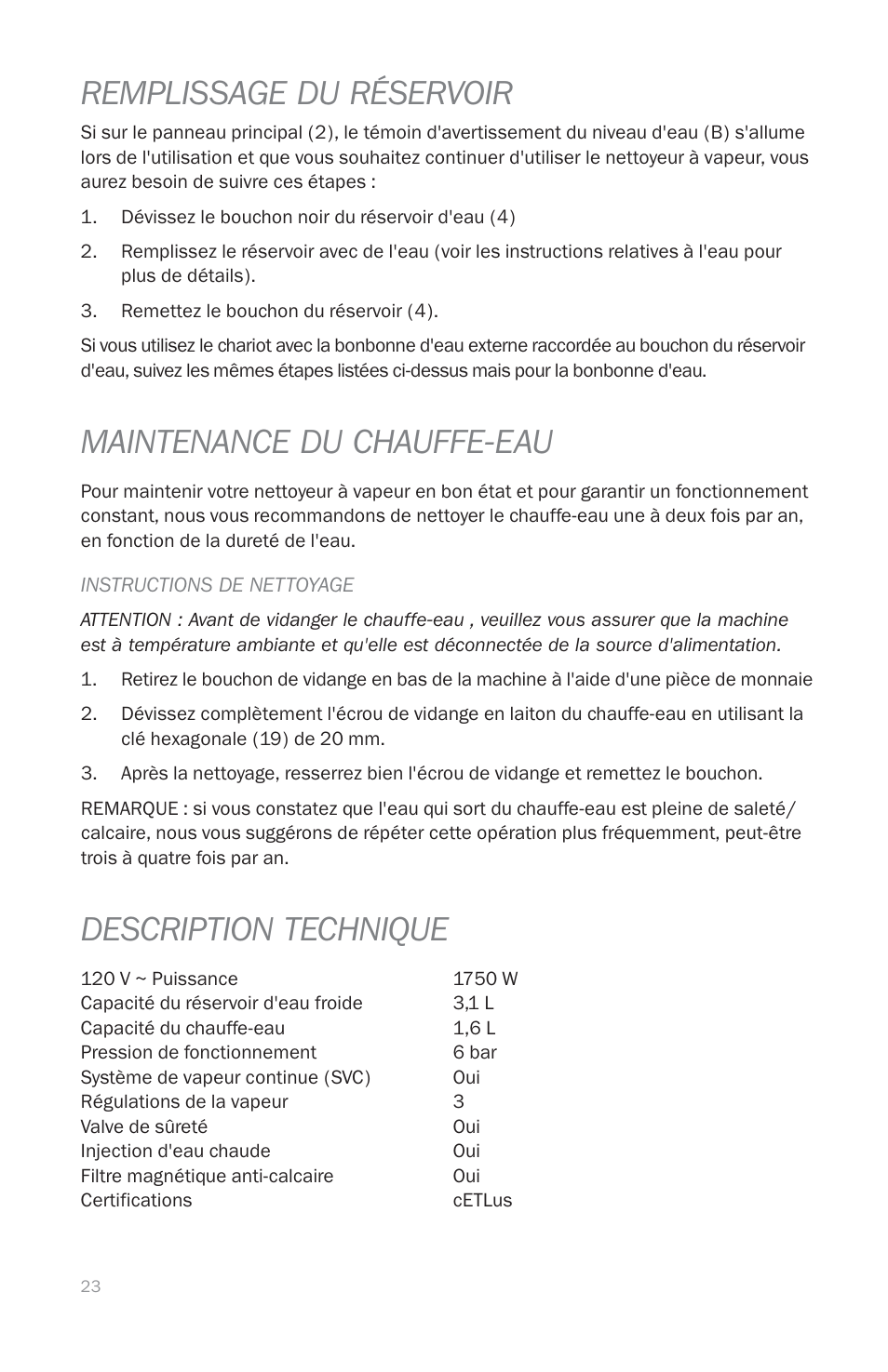 Remplissage du réservoir, Maintenance du chauffe-eau, Description technique | Reliable EP1000 User Manual | Page 25 / 45