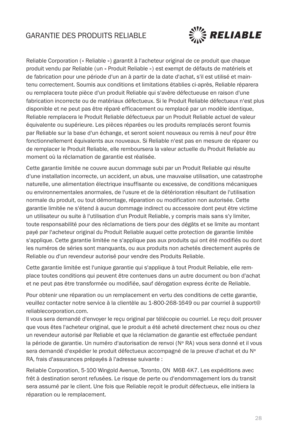 Garantie des produits reliable | Reliable EP1000 User Manual | Page 30 / 45