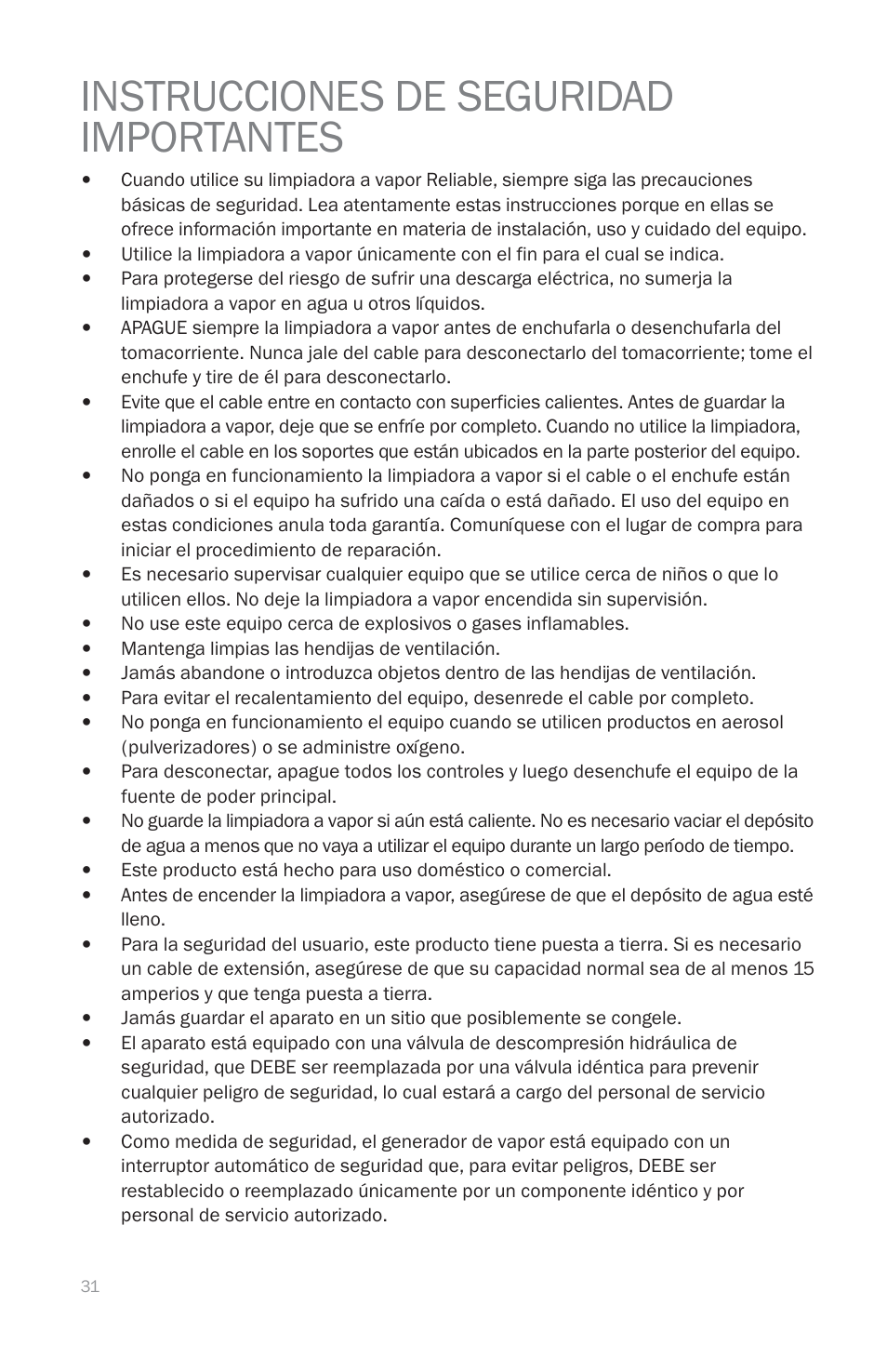 Instrucciones de seguridad importantes | Reliable EP1000 User Manual | Page 33 / 45