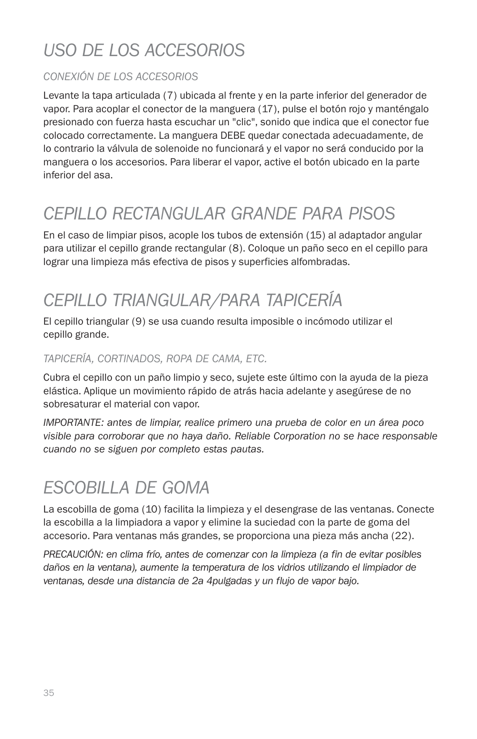 Uso de los accesorios, Cepillo rectangular grande para pisos, Cepillo triangular/para tapicería | Escobilla de goma | Reliable EP1000 User Manual | Page 37 / 45