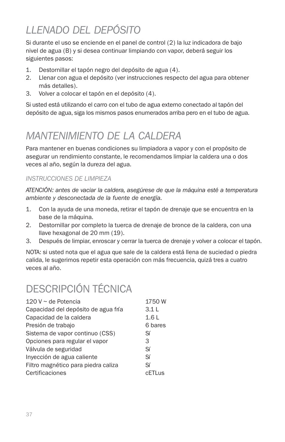 Llenado del depósito, Mantenimiento de la caldera, Descripción técnica | Reliable EP1000 User Manual | Page 39 / 45