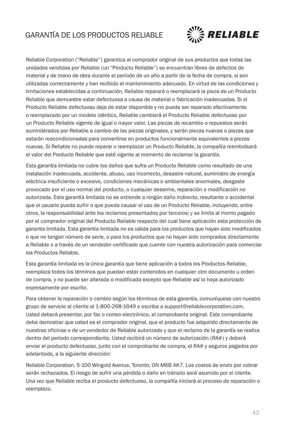 Garantía de los productos reliable | Reliable EP1000 User Manual | Page 44 / 45