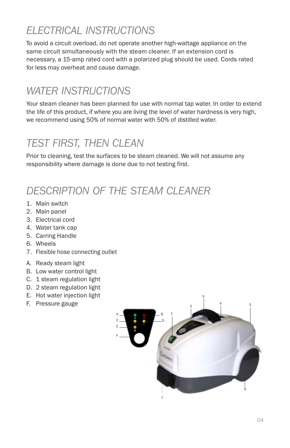 Electrical instructions, Water instructions, Test first, then clean | Description of the steam cleaner | Reliable EP1000 User Manual | Page 6 / 45