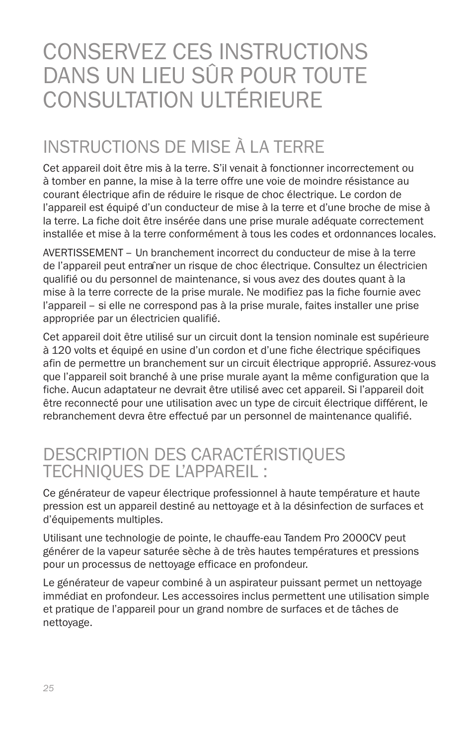 Instructions de mise à la terre | Reliable 2000CV User Manual | Page 28 / 64