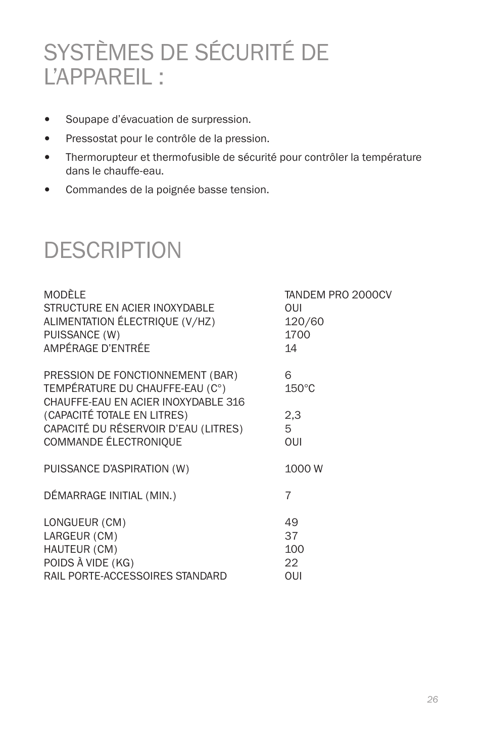 Systèmes de sécurité de l’appareil, Description | Reliable 2000CV User Manual | Page 29 / 64